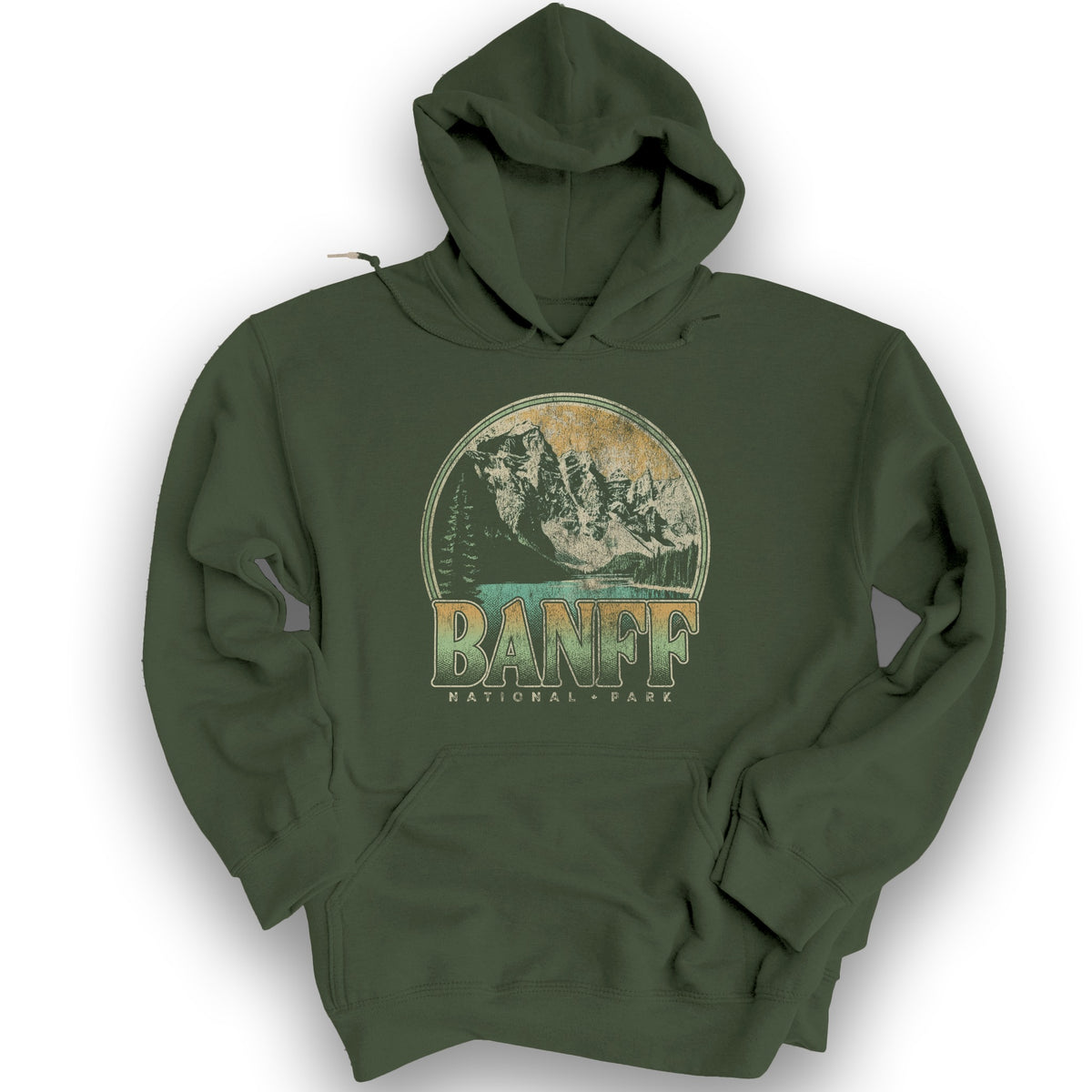 Banff National Park Groovy Screenprint Hoodie - Military Green