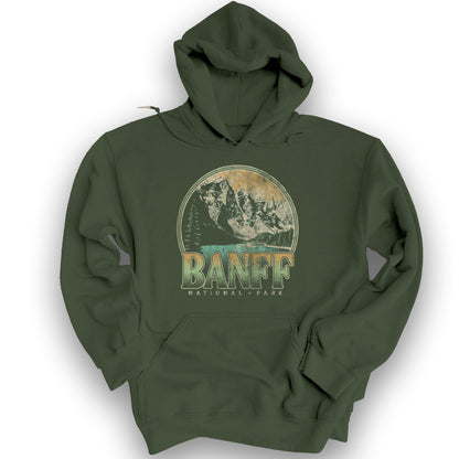 Banff National Park Groovy Screenprint Hoodie - Military Green