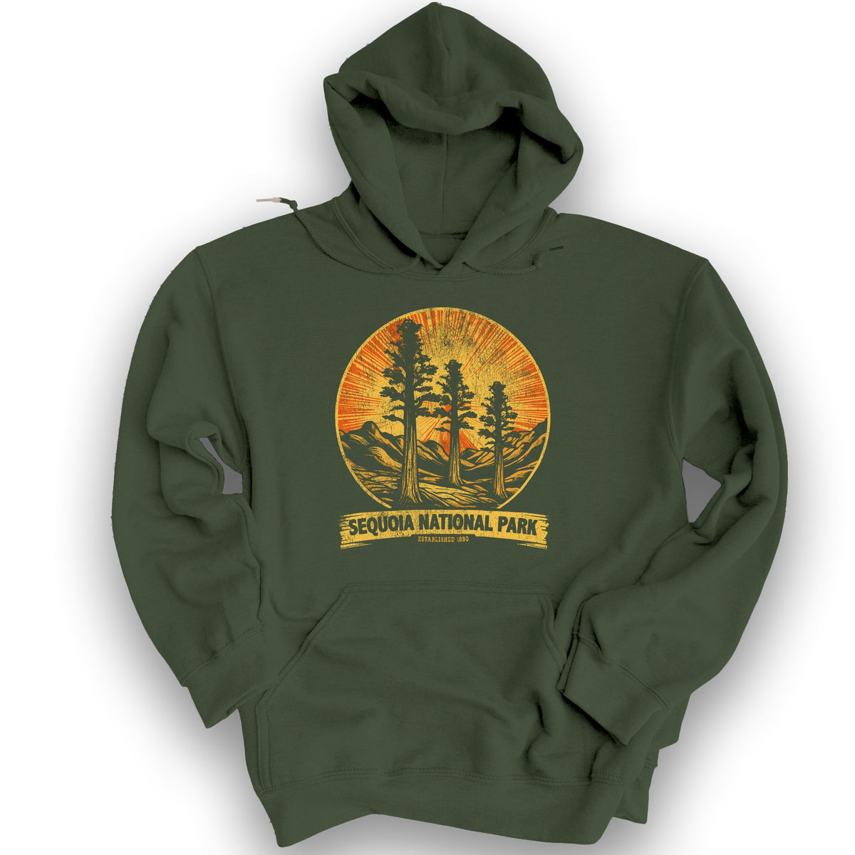 Sequoia 3 Trees Vintage Print Hoodie - Military Green