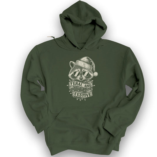 Feral and Festive Racoon Hoodie - Military Green