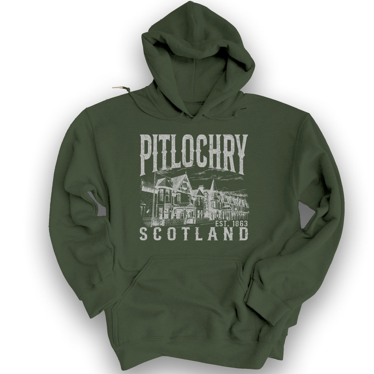 Pitlochry Scotland Sketch Hoodie - Military Green