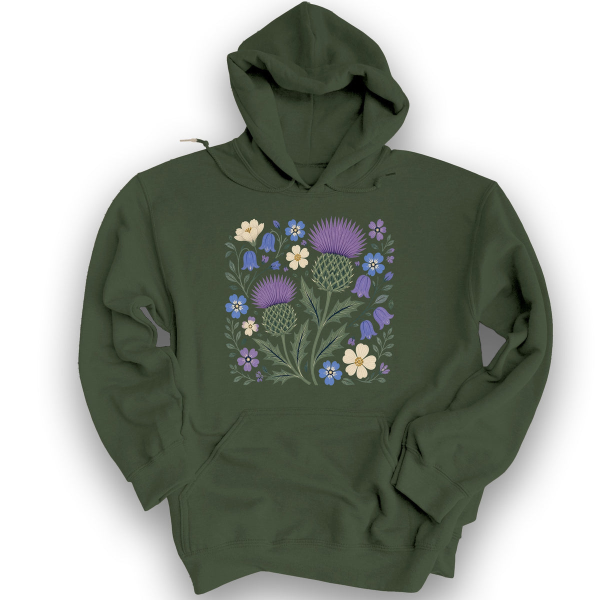 Scottish Thistle Floral Hoodie - Military Green