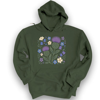 Scottish Thistle Floral Hoodie - Military Green