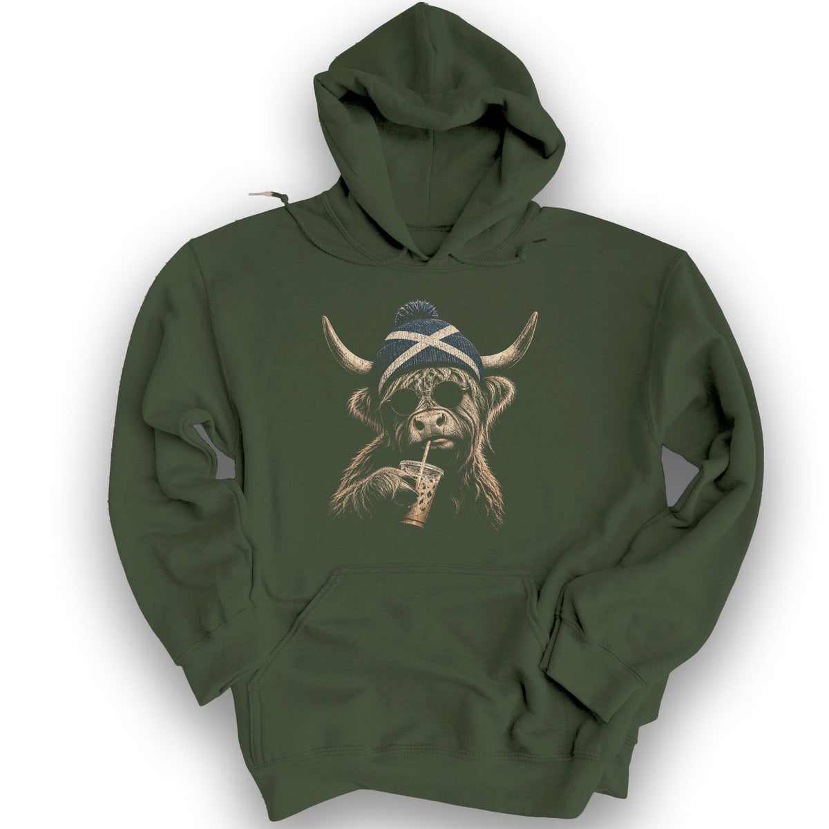 Highland Cow Beanie Hoodie - Military Green