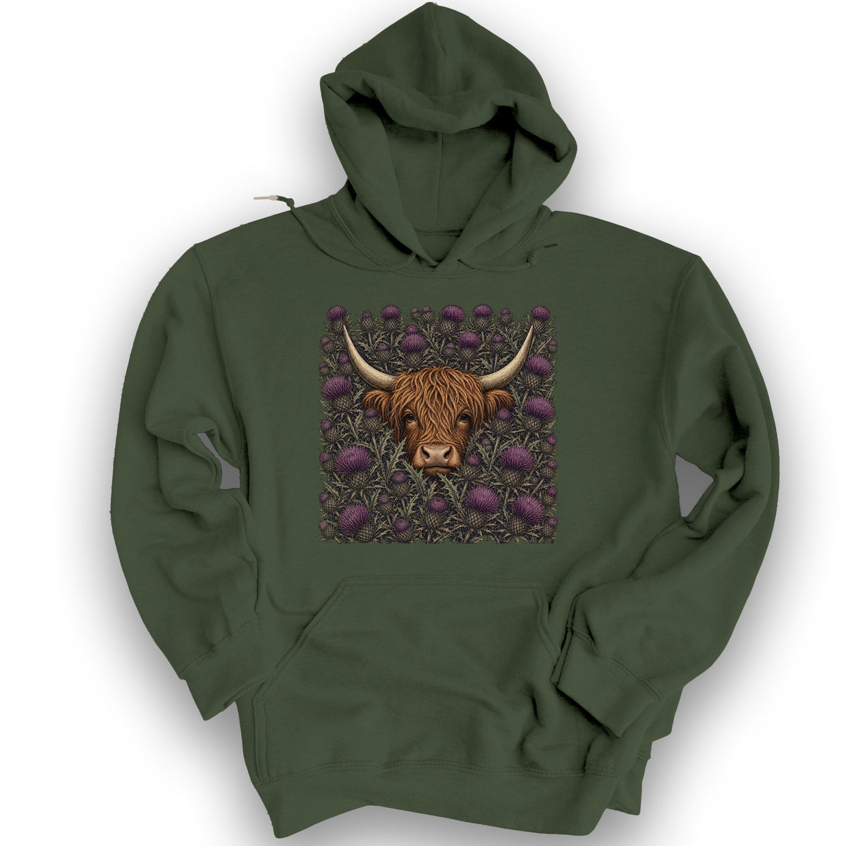 Highland Coo Thistle Hoodie - Military Green