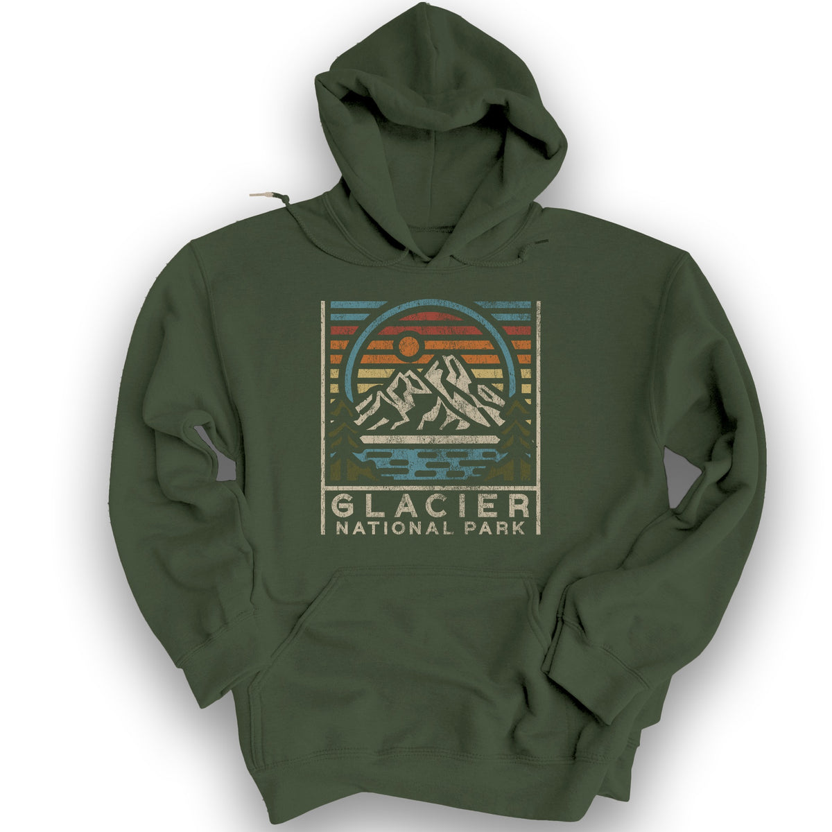 Glacier National Park "Vintage Sunset" Hoodie - Military Green