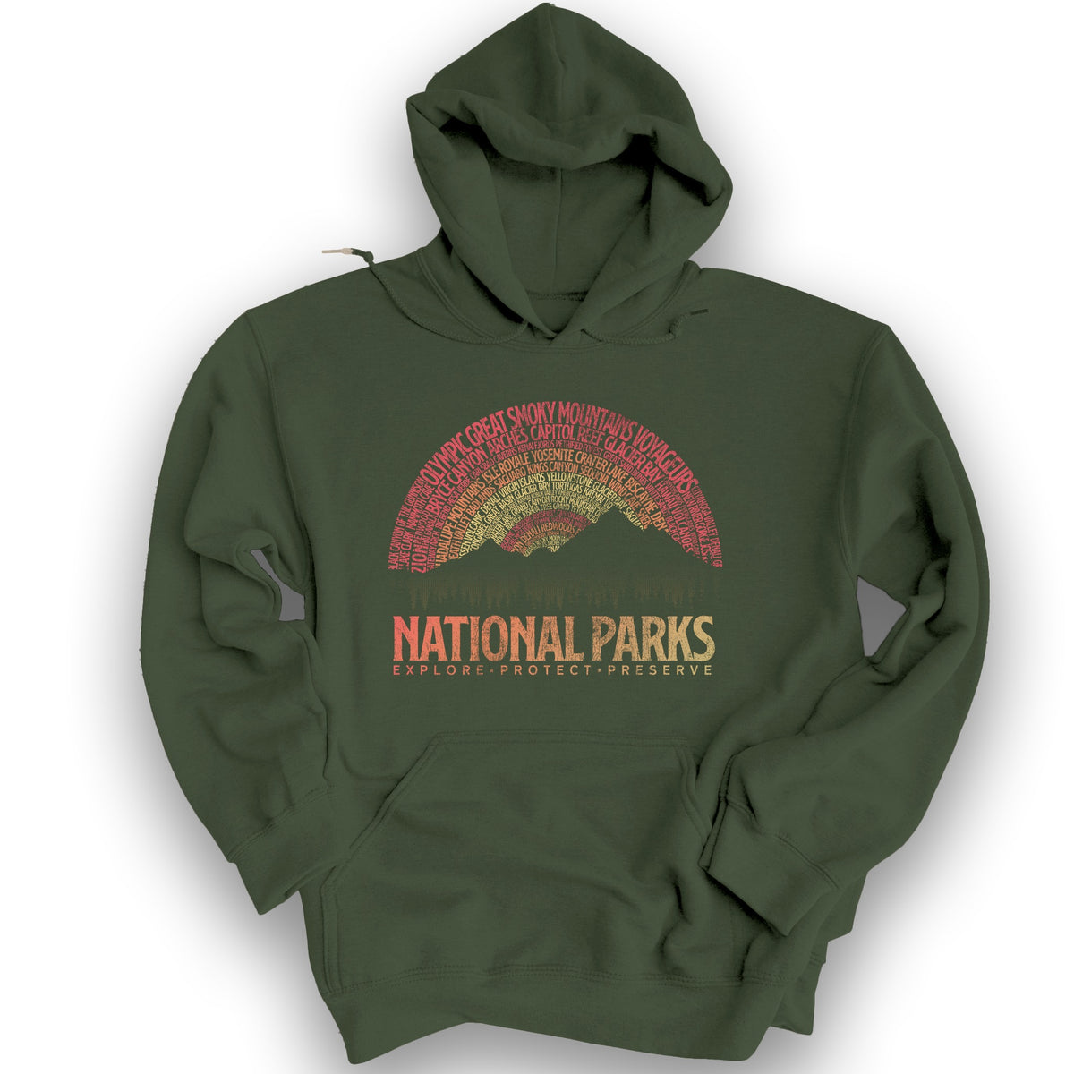 National Parks Word Art "Vintage Sunset" Hoodie - Military Green