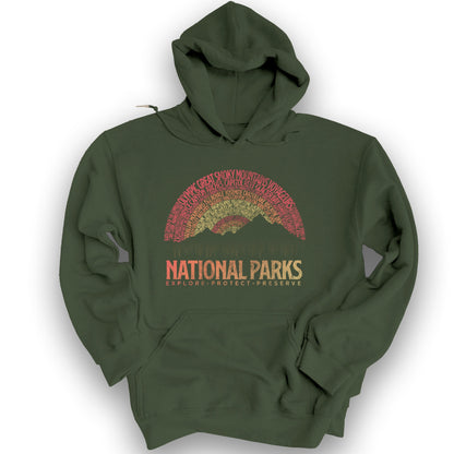 National Parks Word Art "Vintage Sunset" Hoodie - Military Green