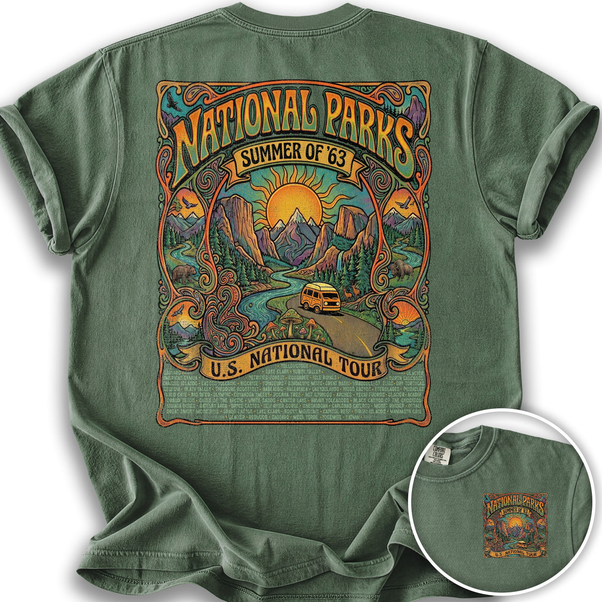 National Parks Summer Tour Front/Back Print T-Shirt - Moss