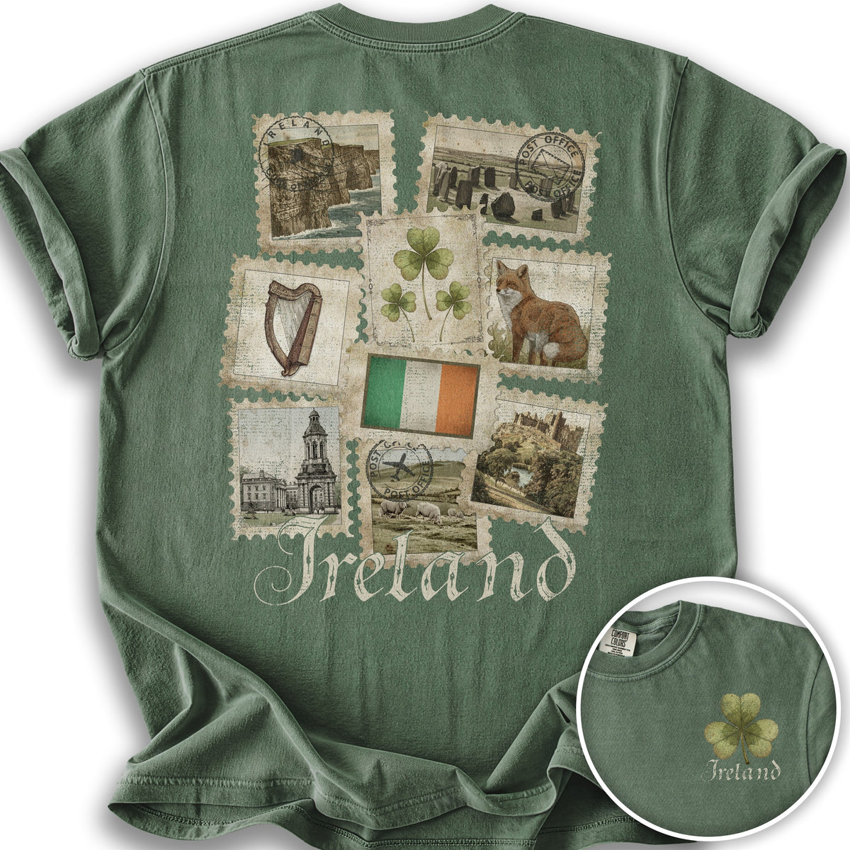 Ireland Vintage Stamps Front/Back Print T-Shirt - Moss