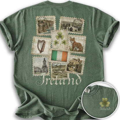Ireland Vintage Stamps Front/Back Print T-Shirt - Moss