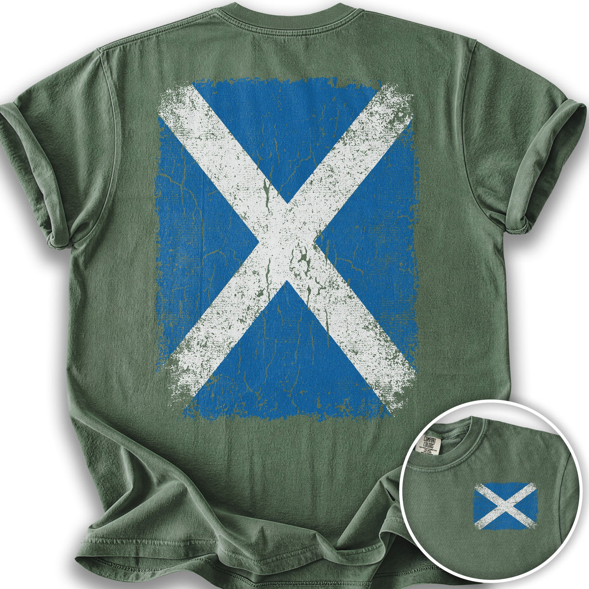 Scotland Distressed Flag Front/Back Print T-Shirt - Moss
