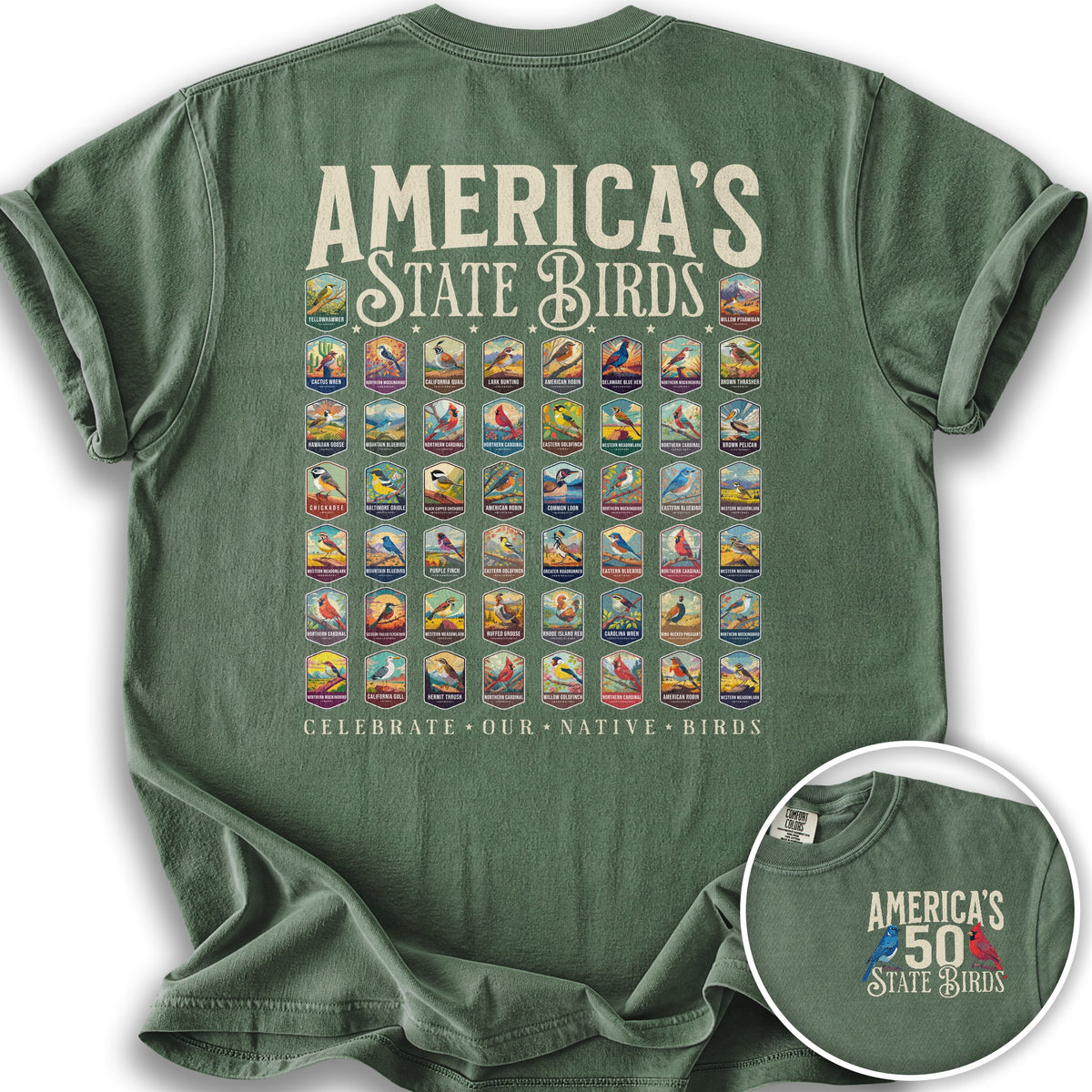 America's State Birds Front/Back Print T-Shirt - Moss