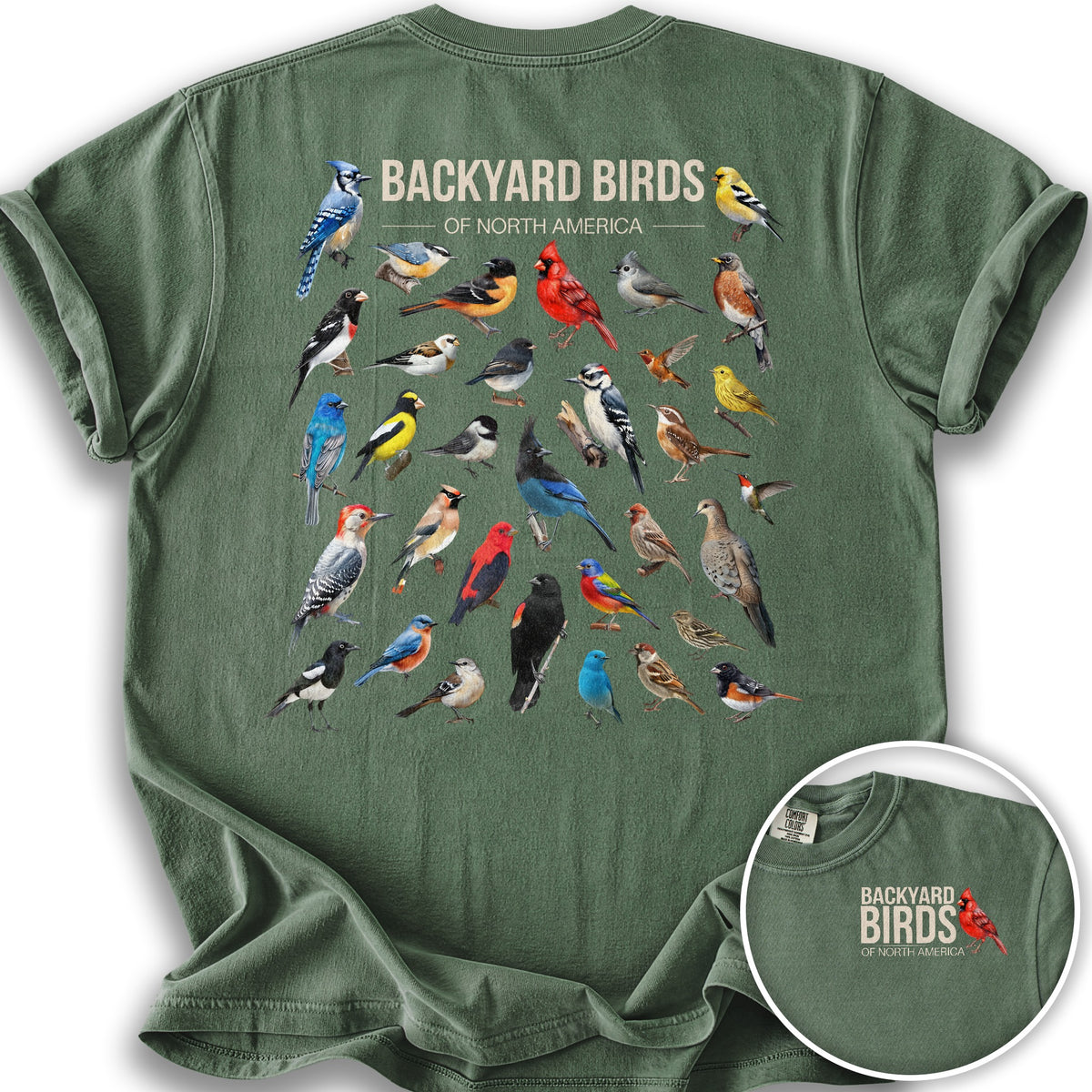 Backyard Birds Front/Back Print T-Shirt - Moss