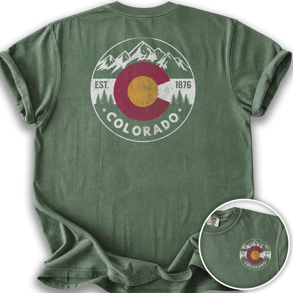 Colorado Flag Badge Textured Front/Back T-Shirt - Moss