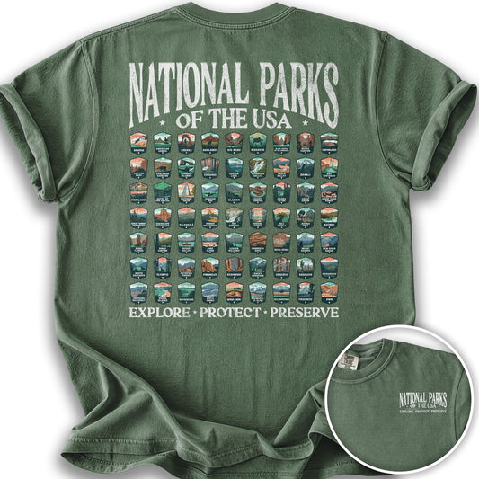 National Parks of the USA 63 Badges Front/Back Print T-Shirt - Moss