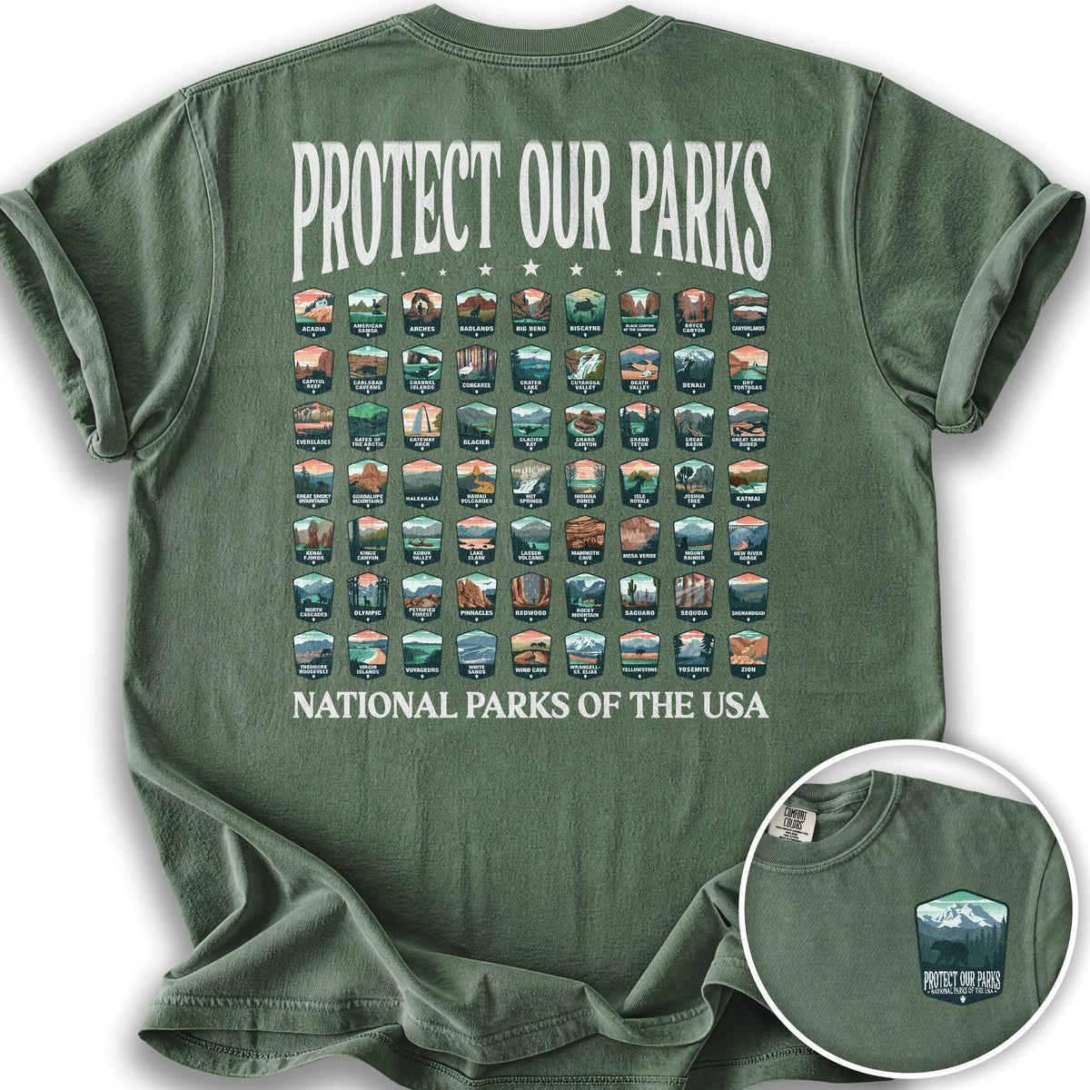 Protect our Parks Badges Front/Back Print T-Shirt - Moss