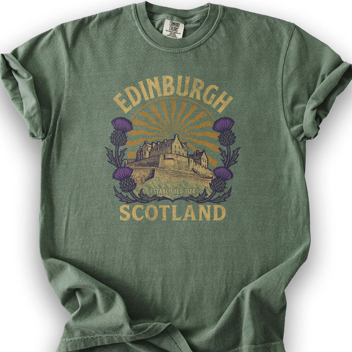 Edinburgh Scotland Retro Sunburst T-Shirt - Moss
