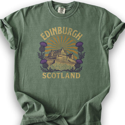 Edinburgh Scotland Retro Sunburst T-Shirt - Moss