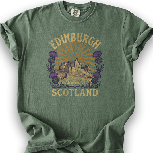 Edinburgh Scotland Retro Sunburst T-Shirt - Moss