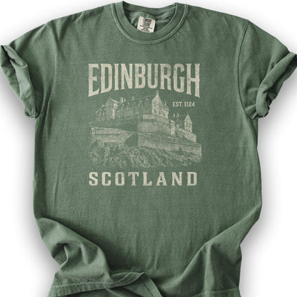 Edinburgh Scotland "Vintage Etching" T-Shirt - Moss