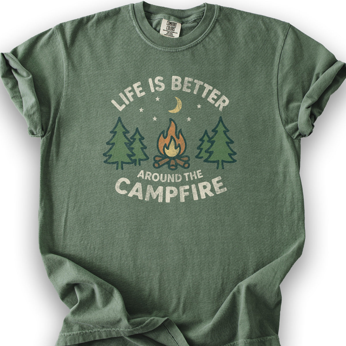 Whimsical "Around the Campfire" T-Shirt - Moss
