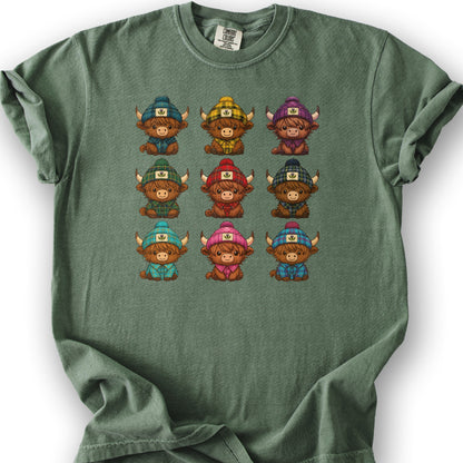 Tartan Highland Cows T-Shirt - Moss