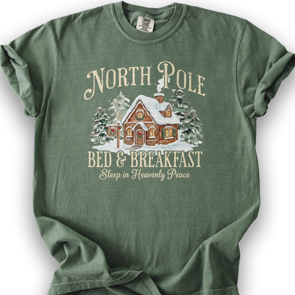 North Pole Bed and Breakfast "Heavenly Peace" T-Shirt - Moss