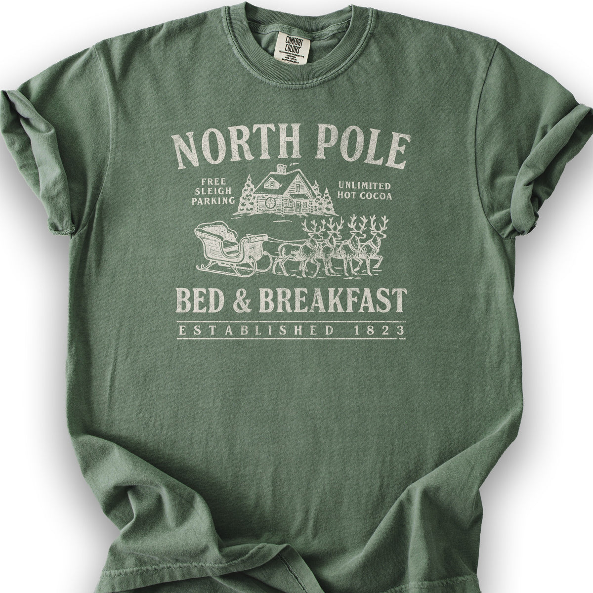 North Pole Bed and Breakfast Vintage Print T-Shirt - Moss