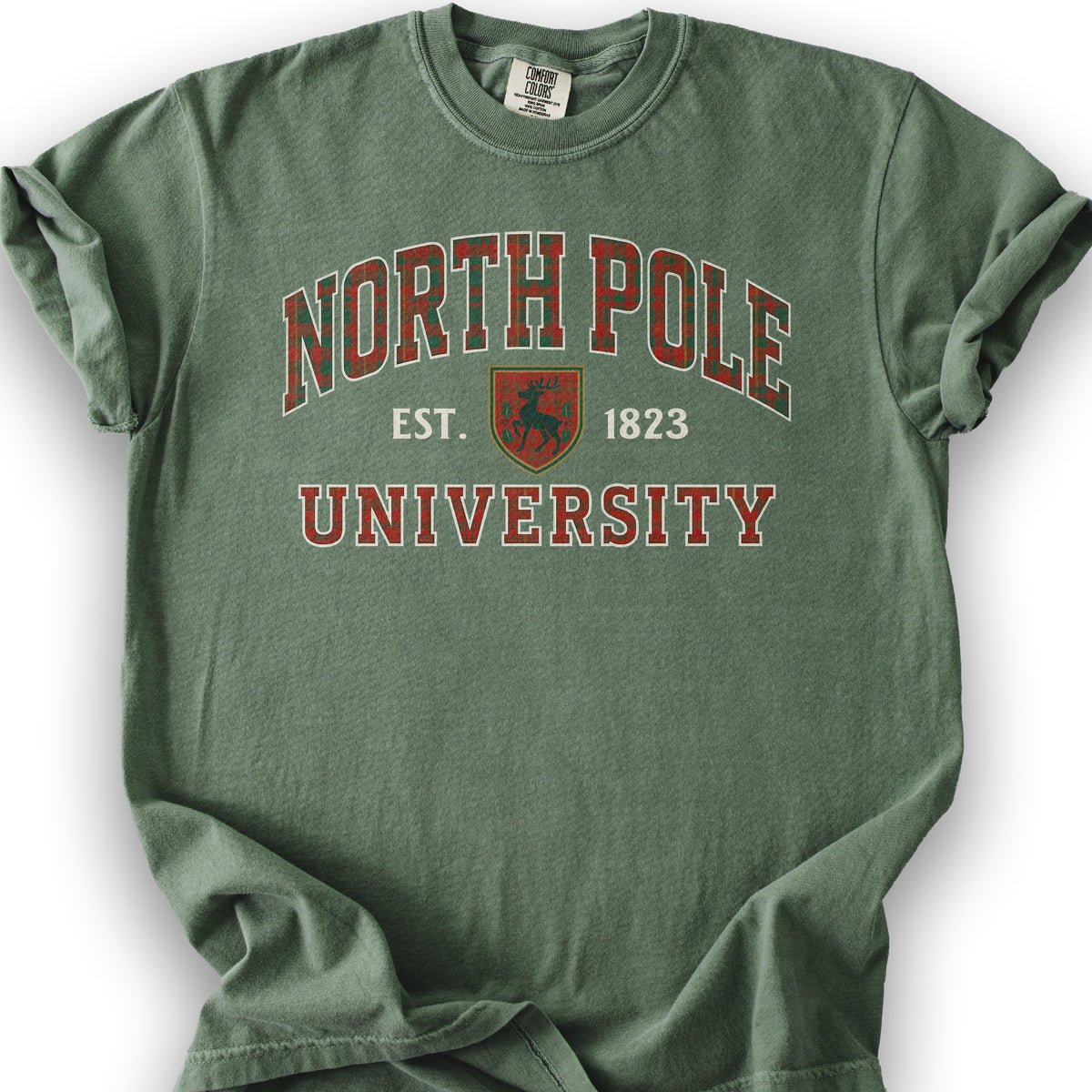 North Pole University Holiday Plaid T-Shirt - Moss
