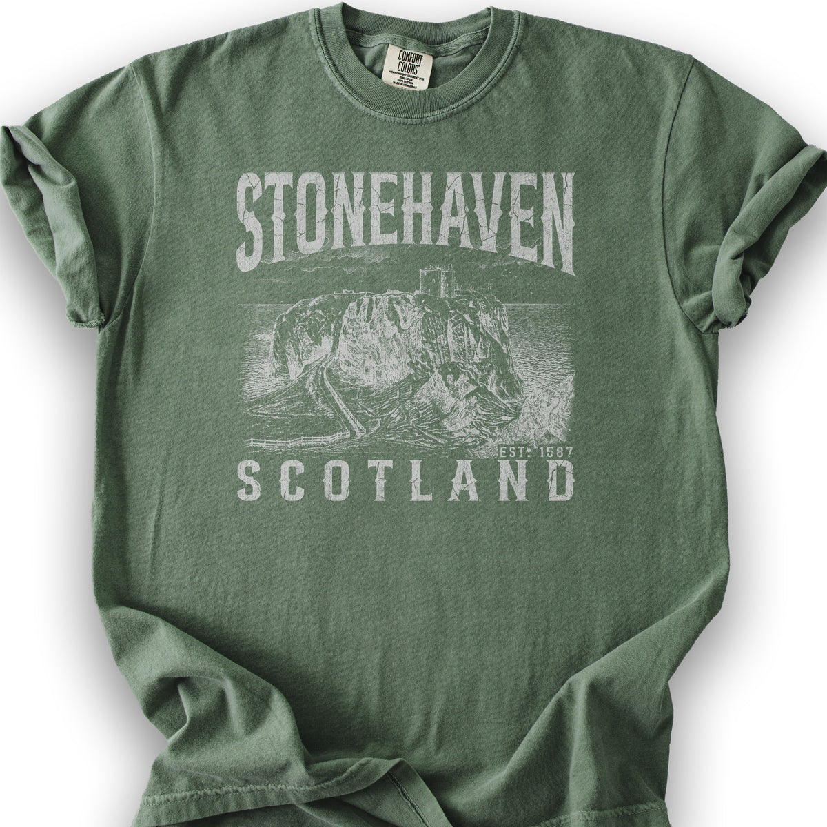 Stonehaven Scotland Sketch T-Shirt - Moss