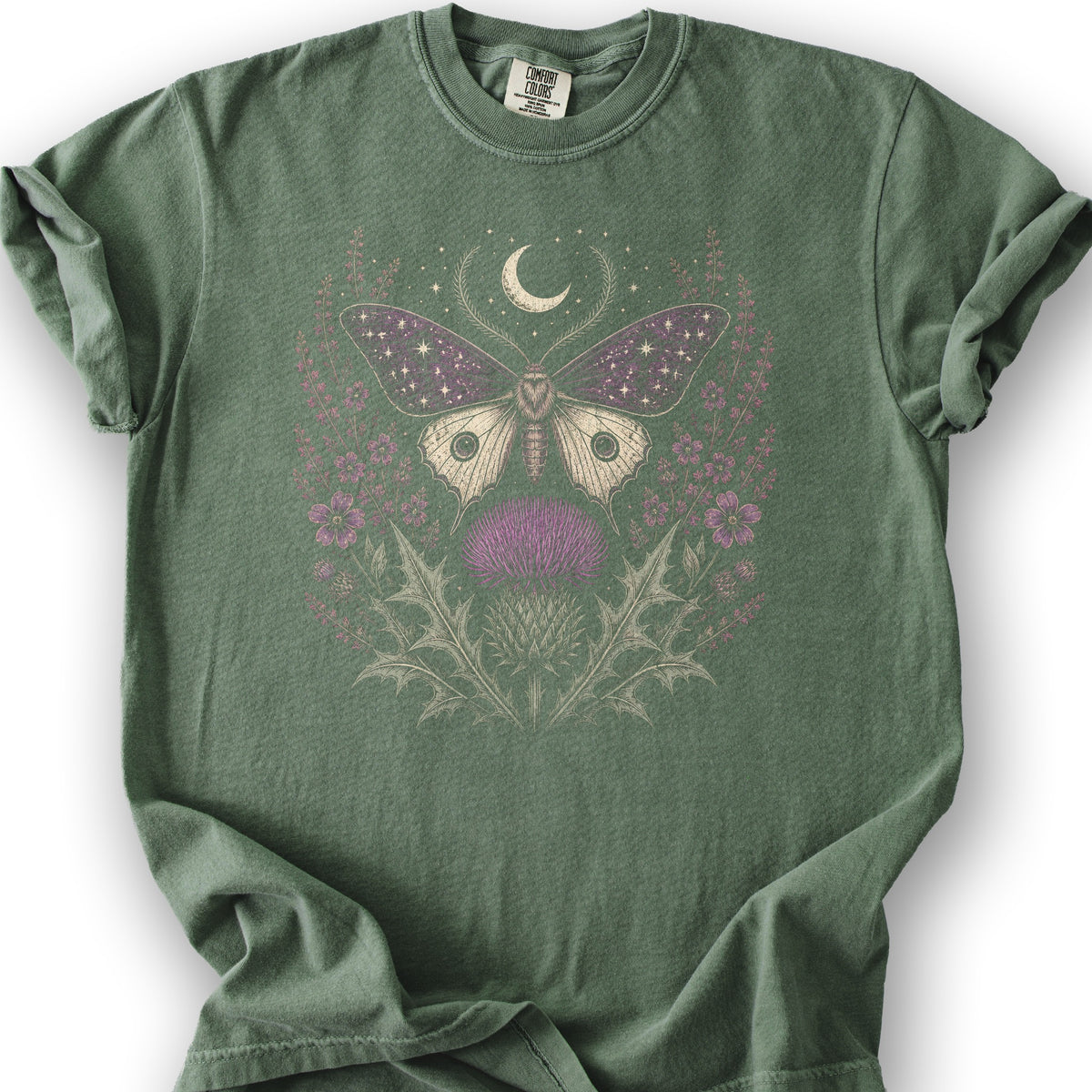 Crescent Thistle Moth Moon T-Shirt - Moss
