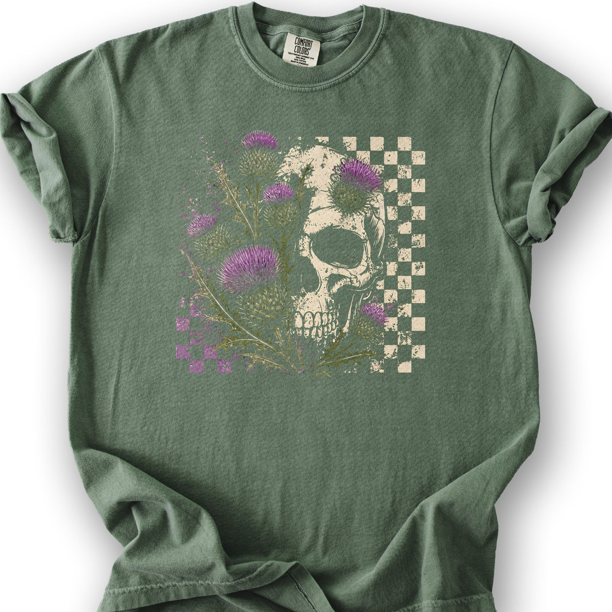 Thistle Skull Check T-Shirt - Moss