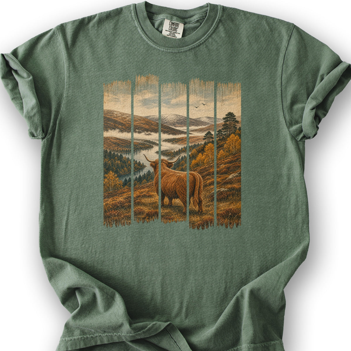 Scotland Coo Panels T-Shirt - Moss