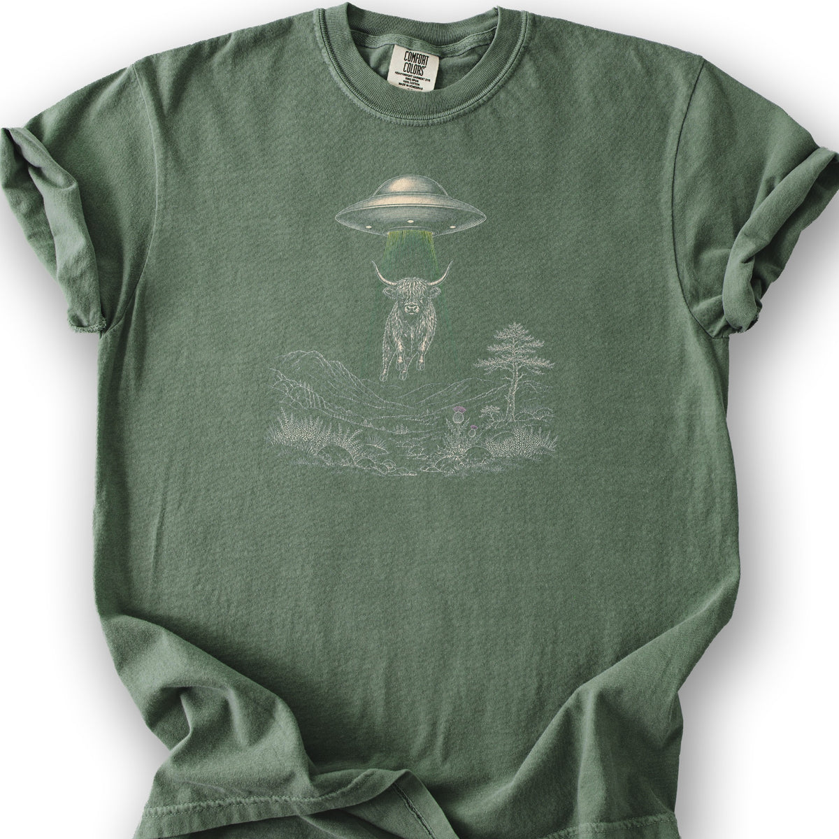 Highland Coo UFO T-Shirt - Moss