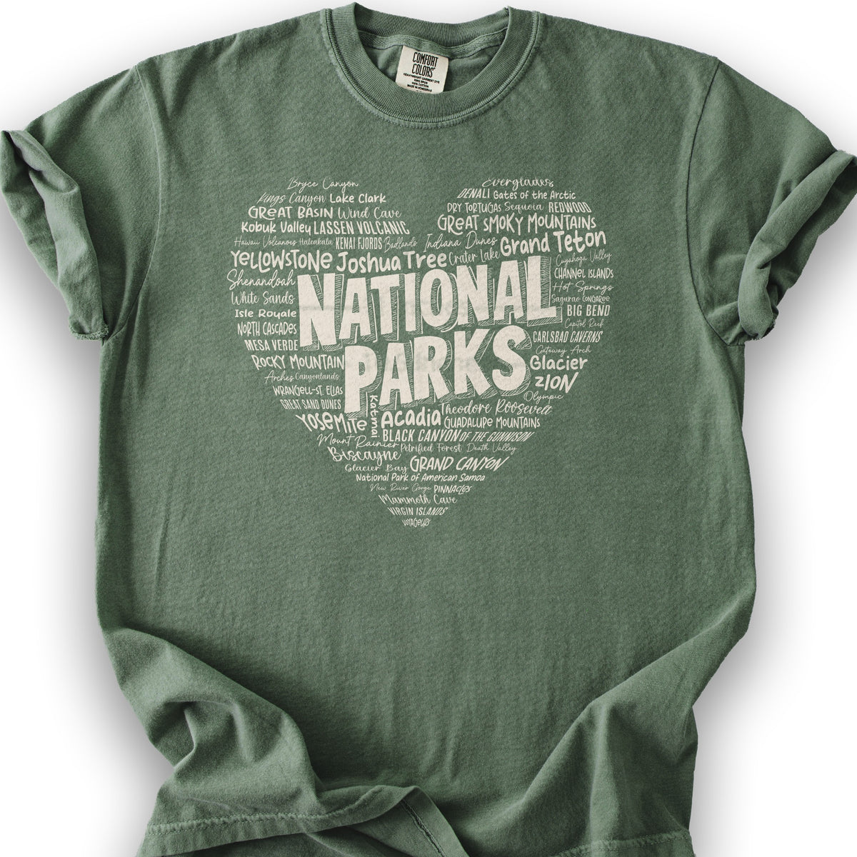 National Park Word Art "Heart" T-Shirt - Moss