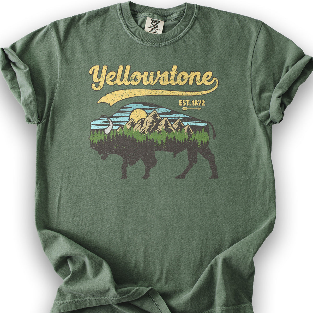 Yellowstone Vintage Buffalo Mountains T-Shirt - Moss