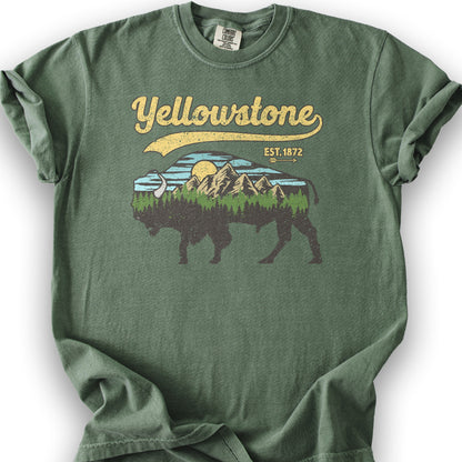 Yellowstone Vintage Buffalo Mountains T-Shirt - Moss