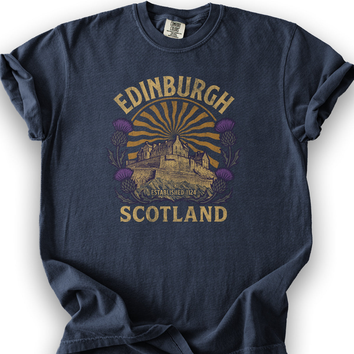 Edinburgh Scotland Retro Sunburst T-Shirt - Navy