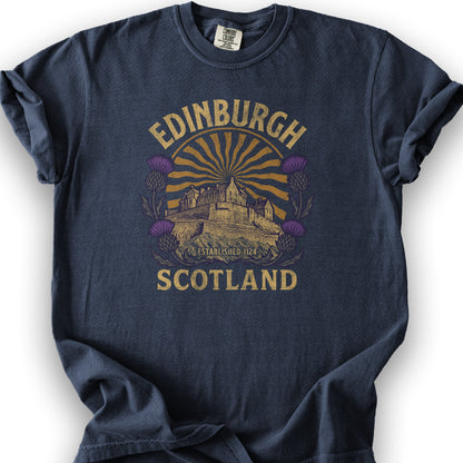 Edinburgh Scotland Retro Sunburst T-Shirt - Navy