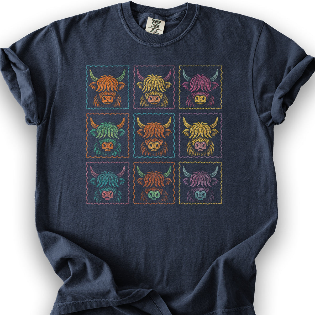 Highland Cow 9 Panel T-Shirt - Navy