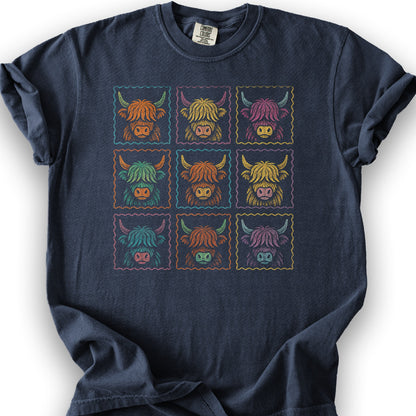 Highland Cow 9 Panel T-Shirt - Navy