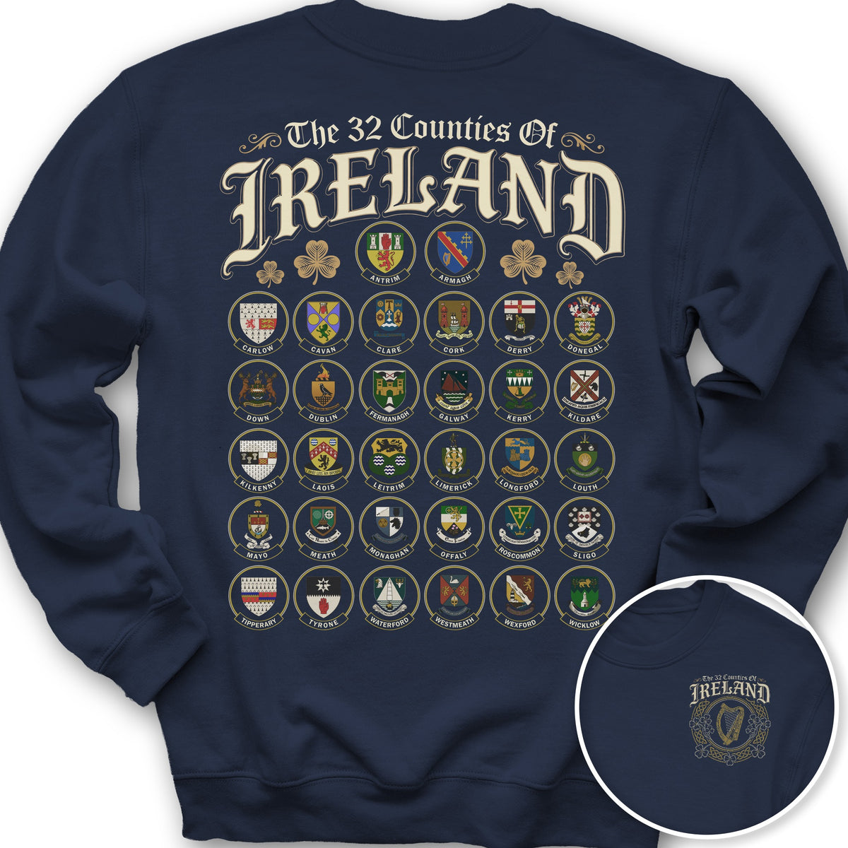 Ireland County Crests Front/Back Print Sweatshirt - Navy