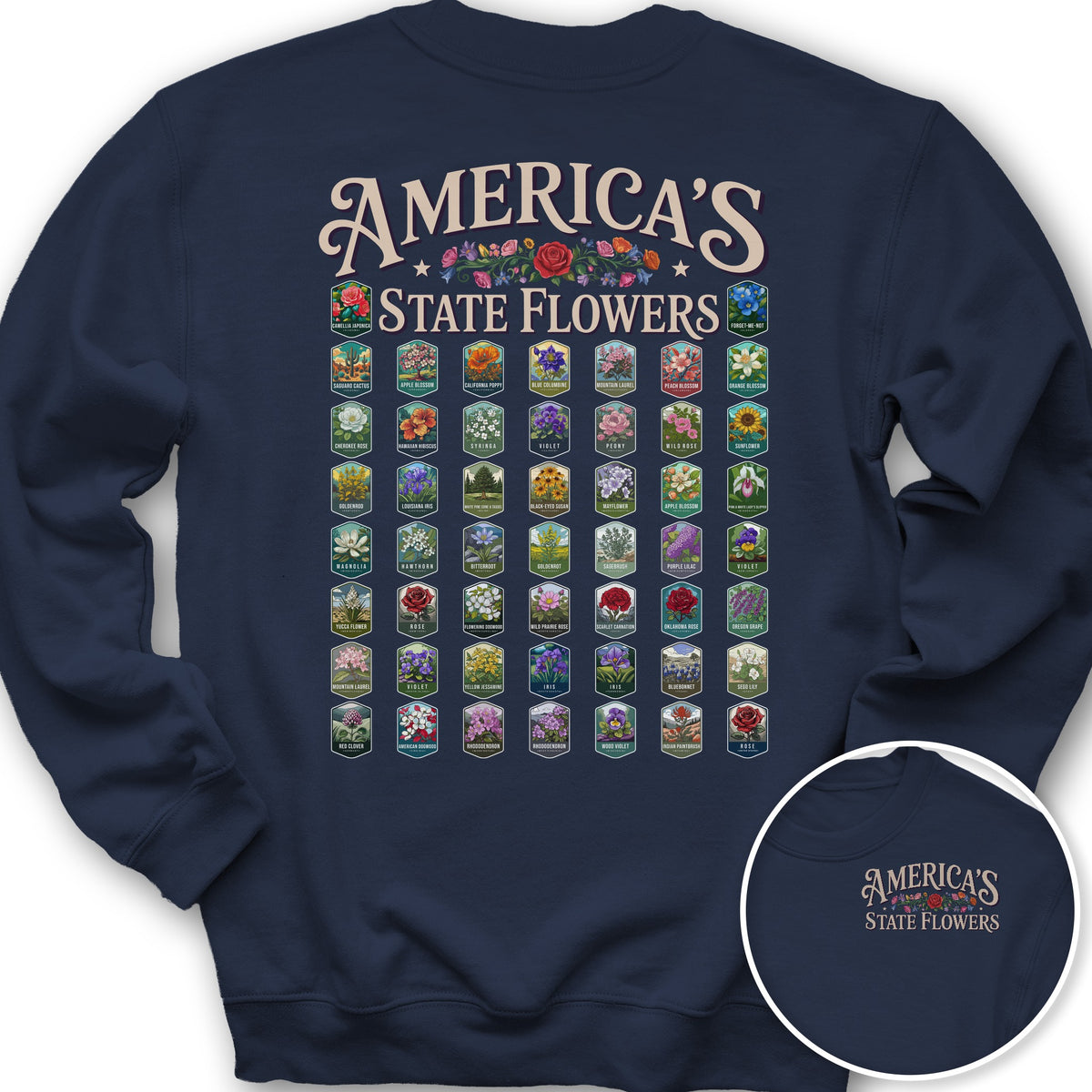 America's State Flowers Front/Back Print Sweatshirt - Navy