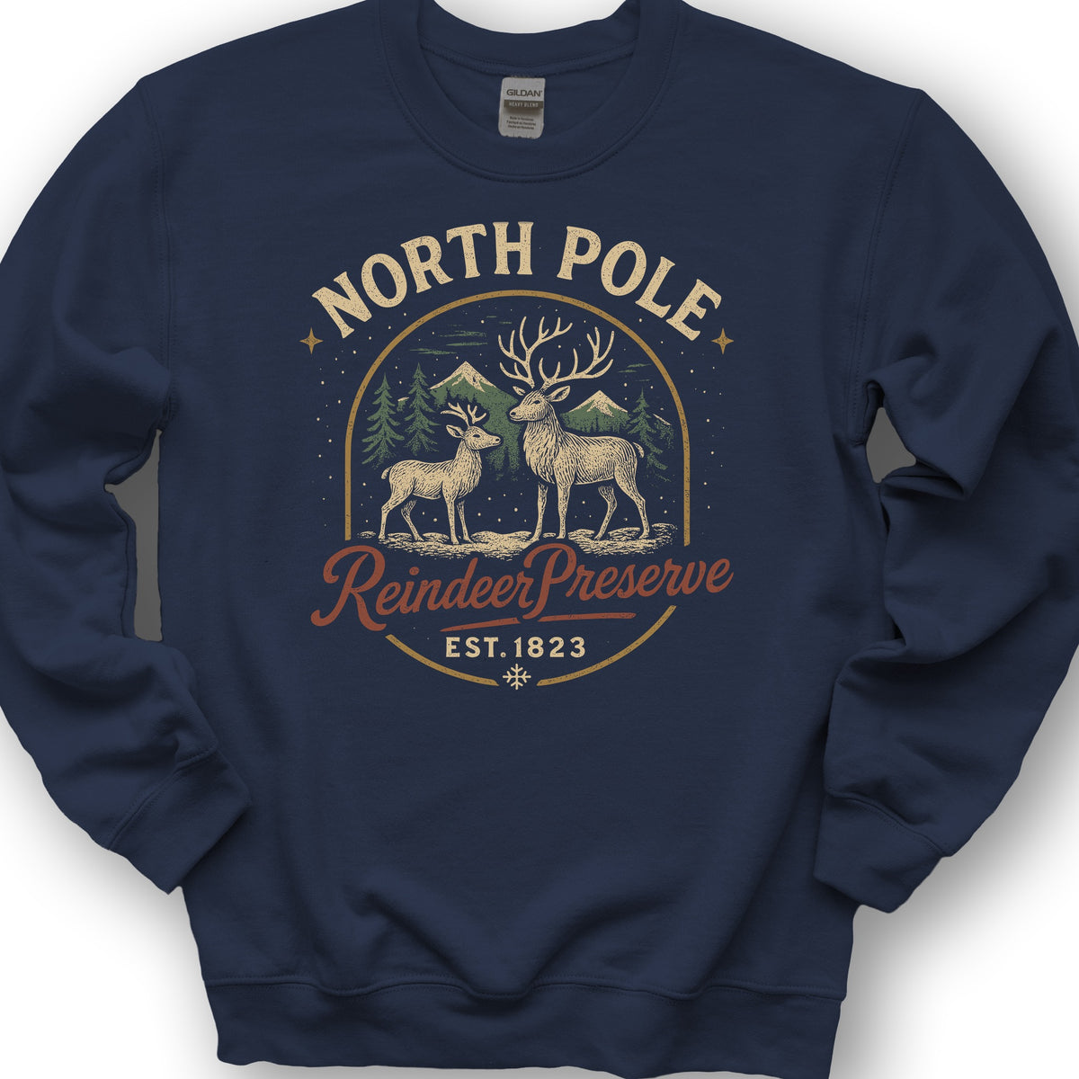 North Pole Reindeer Preserve Vintage Print Sweatshirt - Navy