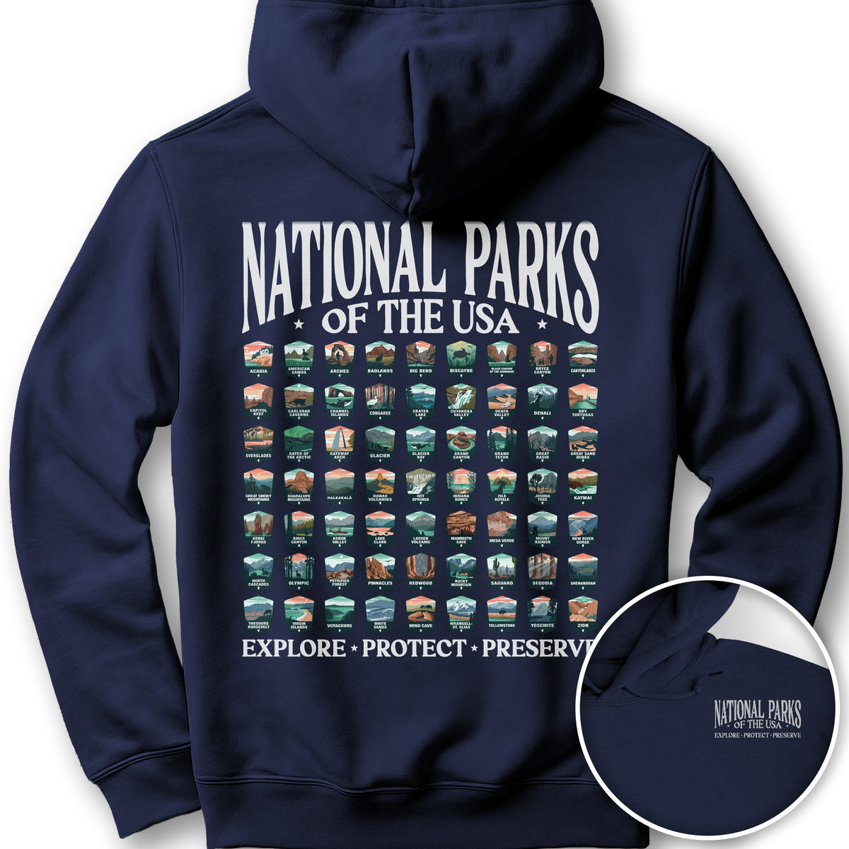 National Parks of the USA 63 Badges Front/Back Print Hoodie - Navy