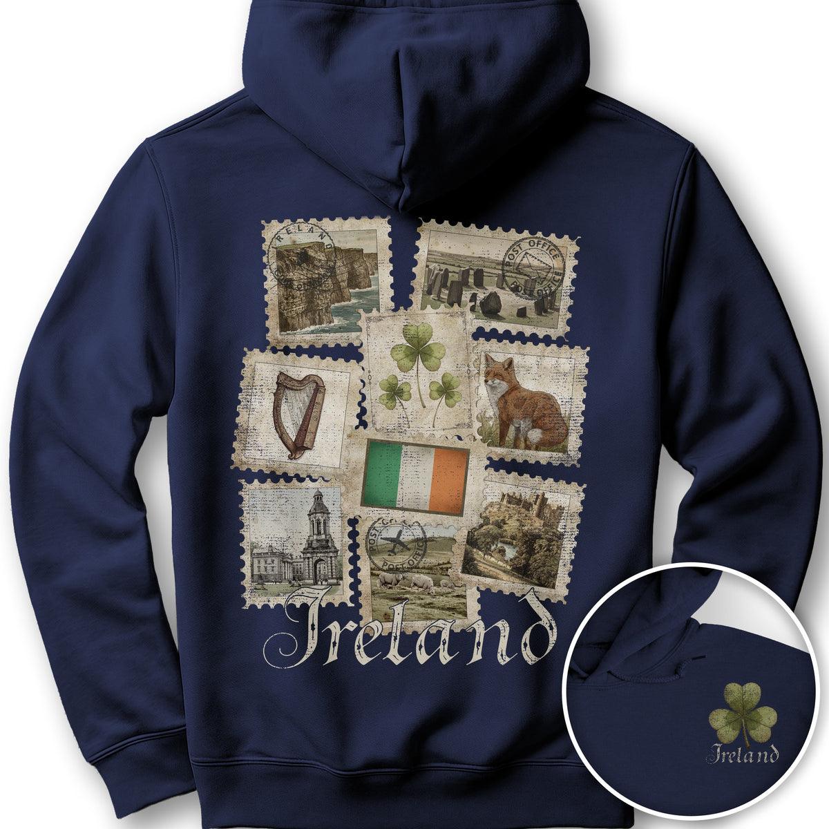 Ireland Vintage Stamps Front/Back Print Hoodie - Navy