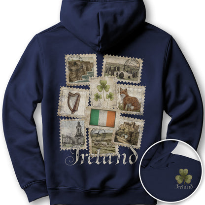 Ireland Vintage Stamps Front/Back Print Hoodie - Navy