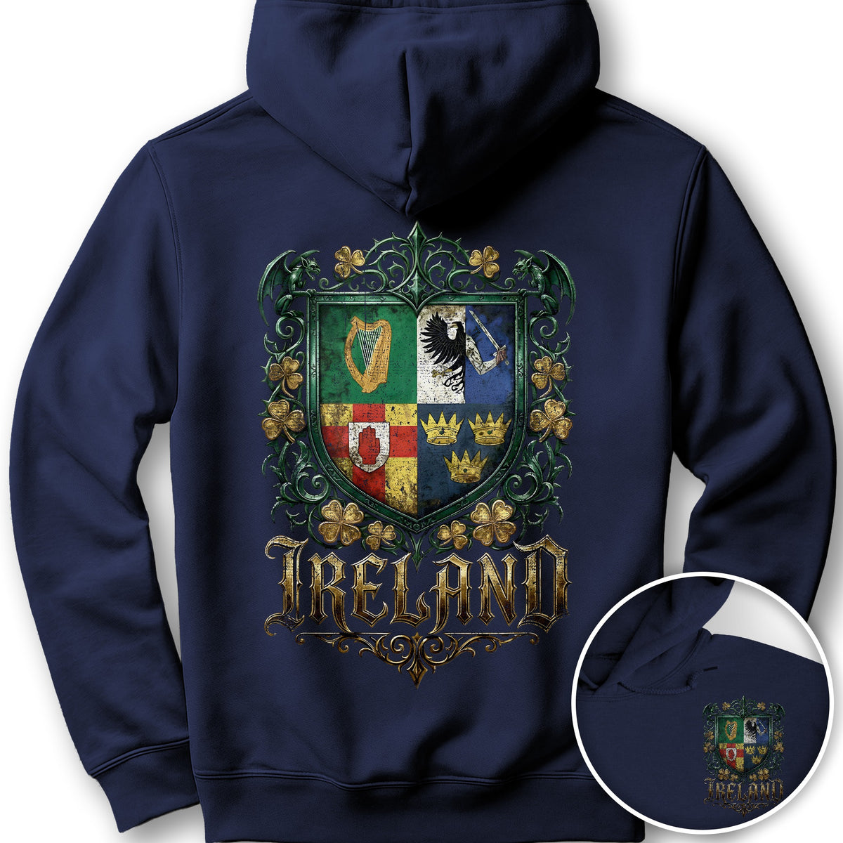 Irish Gothic Arms Front/Back Print Hoodie - Navy