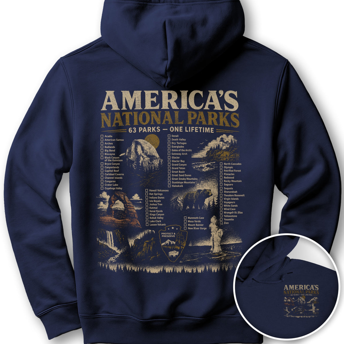 Vintage Parks Checklist Front/Back Print Hoodie - Navy